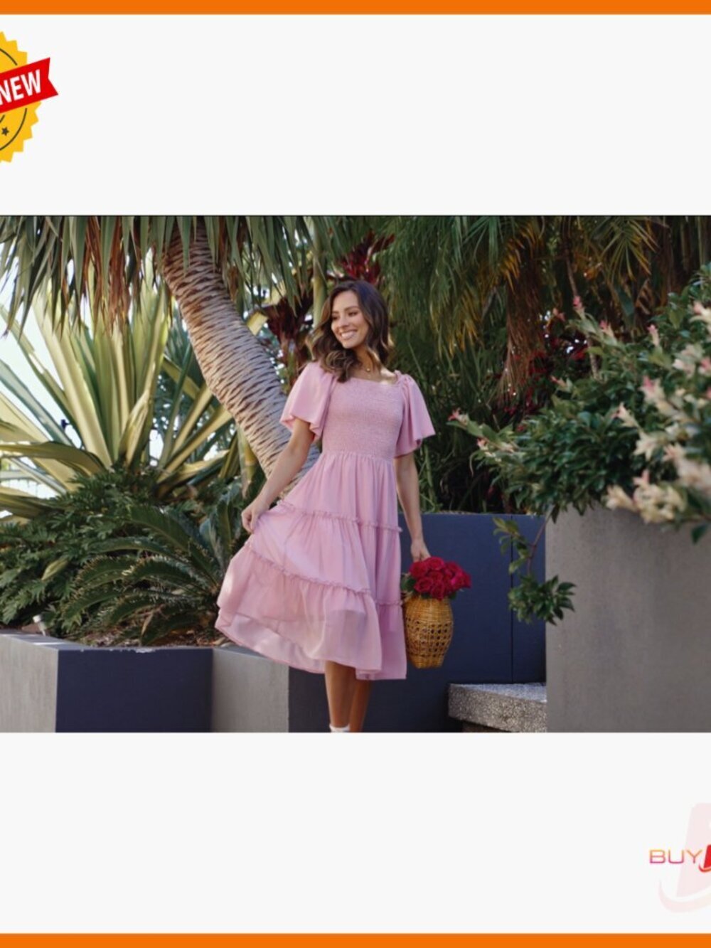 Summer Casual Flutter Sleeve Square Neck Smocked Midi Dress - Picture 6 of 6
